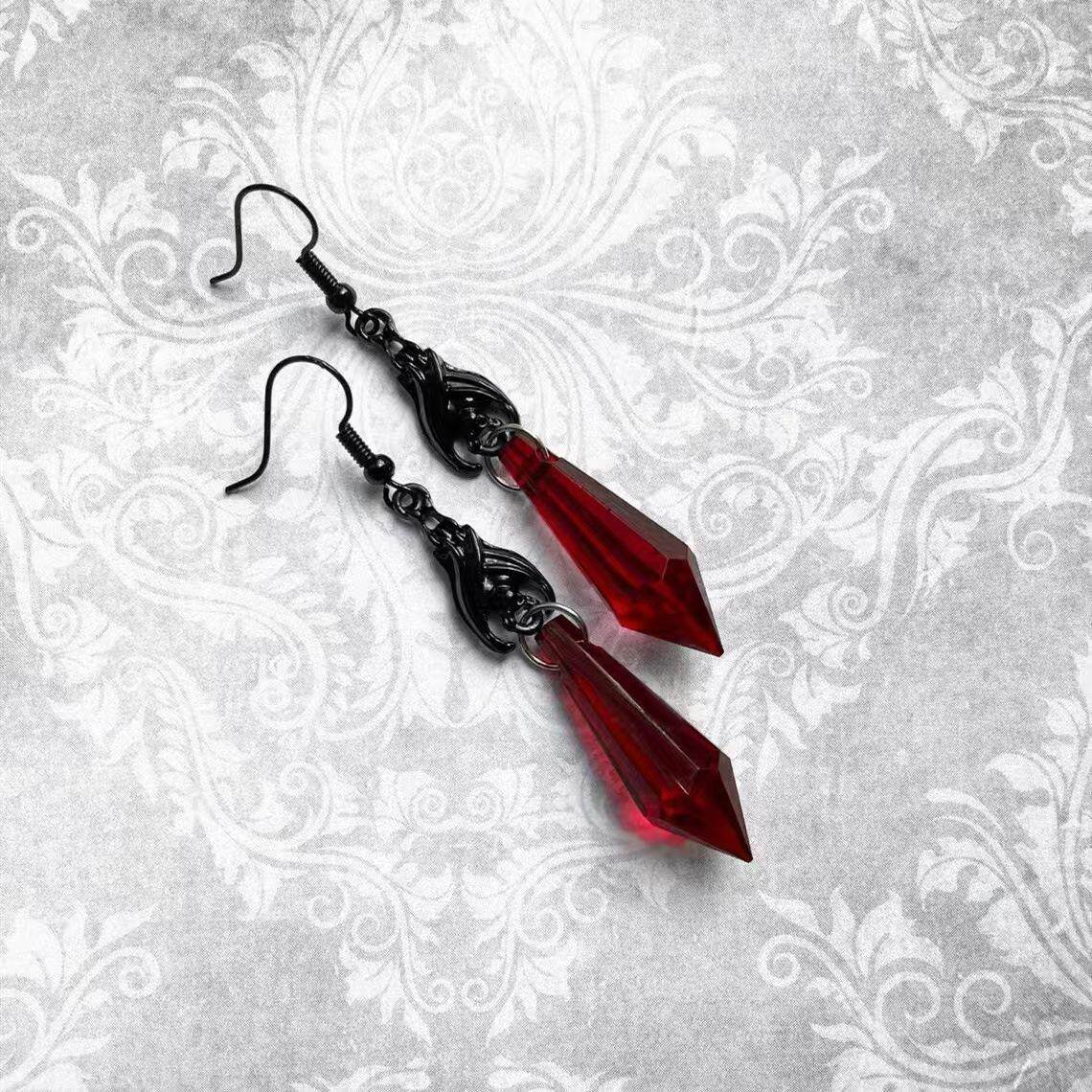 Gothic Punk Red and Black Gemstone Pendant Earrings, 2024 New Dark Bat Earrings, Sweet and Cool Style Unique Earrings