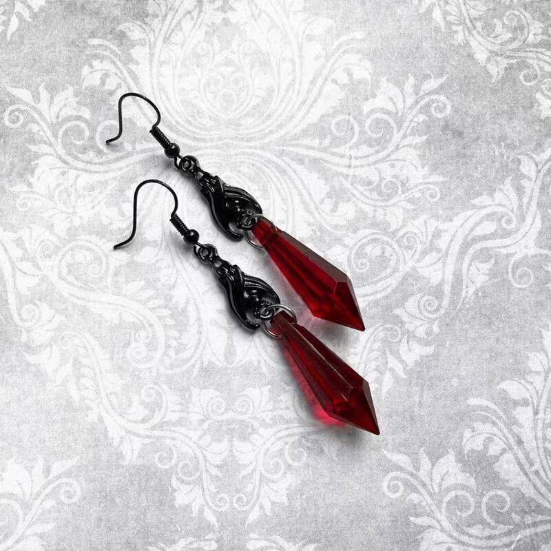 Gothic Punk Red and Black Gemstone Pendant Earrings 2024 New Dark Bat Earrings Sweet and Cool Style Personalized Earrings