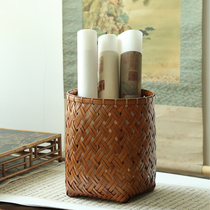Bamboo-woven basket bamboo basket Chinese style book house trash basket containing basket Scroll painting scroll painting curly paint to make old