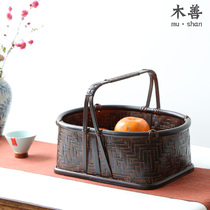 Bamboo basket bamboo basket carting box old vintage tea set storage home decoration without cover Oval