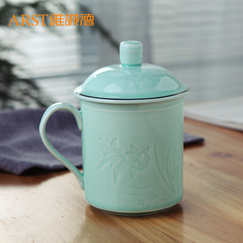 Ya cheng DE jas bean cup of longquan celadon teacup office cup, celadon porcelain cups water cup tea cups with cover glass