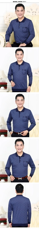 Mùa xuân và mùa thu cotton nguyên chất của người đàn ông trung niên mặc áo thun dài tay bằng băng lụa mỏng hàng đầu tuổi trung niên và áo sơ mi cổ áo cotton - Áo phông dài