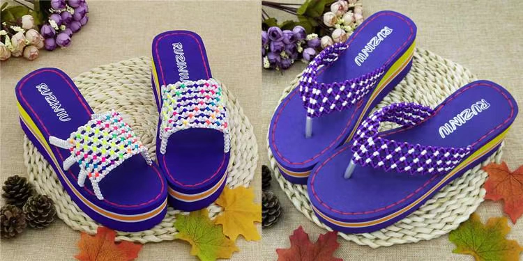Ruzi Niu Home Wedge Sandals Độc nhất Gói vật liệu dệt kim nữ Mùa hè và Dép đi trong nhà Nền tảng giày cao gót dệt tay - Trang chủ