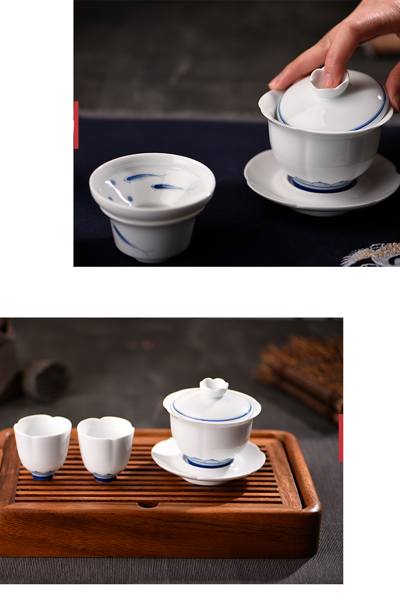 Jingdezhen ceramic story tureen single kung fu tea tea cups large hand - made white porcelain three bowl of suit