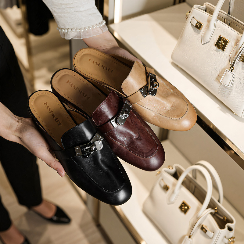 New Retro-Style Genuine Leather Toe-Cap Slippers for Women, Summer Outdoor Wear, Metal Buckle Mules, Chunky Heel Half Slippers, Top Layer Cowhide