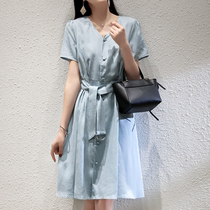 MALCENL KLON2021 summer womens new V-neck breasted tencel linen belt waist dress female