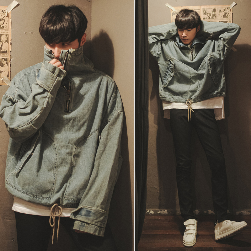 Japanese Style ins Unique Workwear Trendy Brand Pullover Stand Collar Denim Zipper Jacket Men's Autumn Casual Jacket