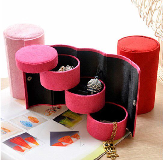 Korean version of simple high quality flannel three-layer round jewelry box creative portable multifunctional buckle jewelry storage box
