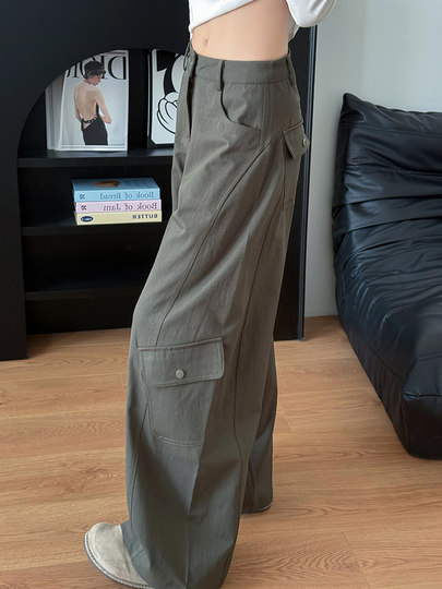 Retro Gray Green Scimitar Overalls Women's Autumn 2025 New High Waist Slim Small Sports Casual Wide Leg Pants