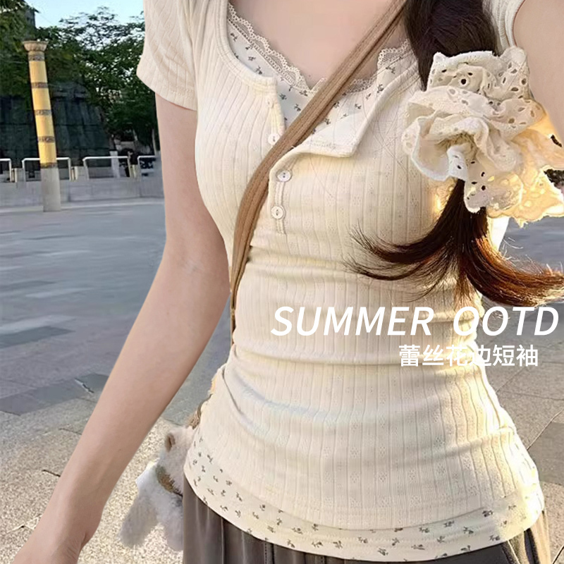 Fake Two-Piece Short-Sleeve Floral Bm Style T-Shirt for Women, Summer Casual Design with Lace Trim, Short Top