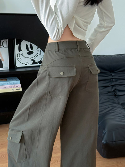 Retro Gray Green Scimitar Overalls Women's Autumn 2025 New High Waist Slim Small Sports Casual Wide Leg Pants