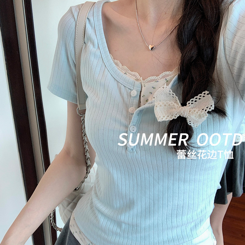 Floral Long-Sleeve Bm Style Short-Sleeve Women's Faux Two-Piece T-Shirt, Spring and Autumn Thin Design Lace Base Shirt, Sweet and Spicy Top