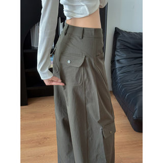 Retro Gray-Green Scimitar Cargo Pants for Women, Autumn 2025 New Style, High-Waisted, Slimming, Petite, Sporty Casual Wide-Leg Pants