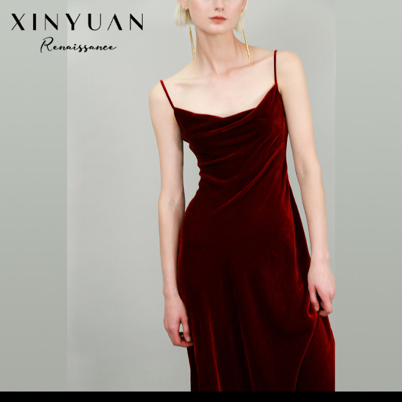 XINYUAN killer skirt oblique cut swing collar high sense suspender temperament retro red silk velvet dress