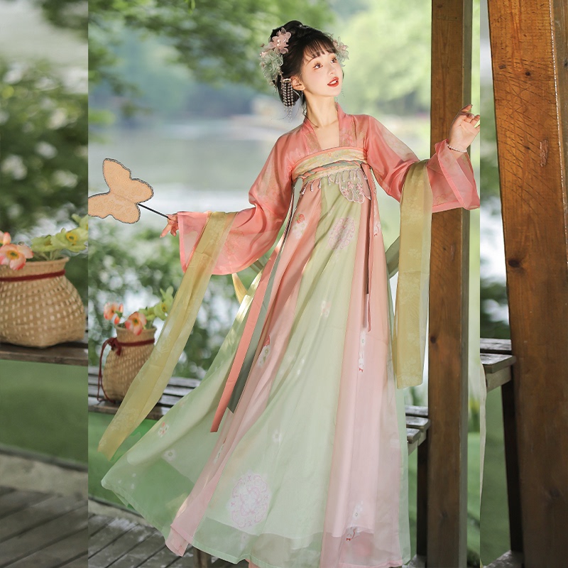 Han Tang Hua Yun Original Hanfu for Women [Spring Water Ripple] Tang-Style Mid-Length Skirt Summer Daily Wear Embroidery Print