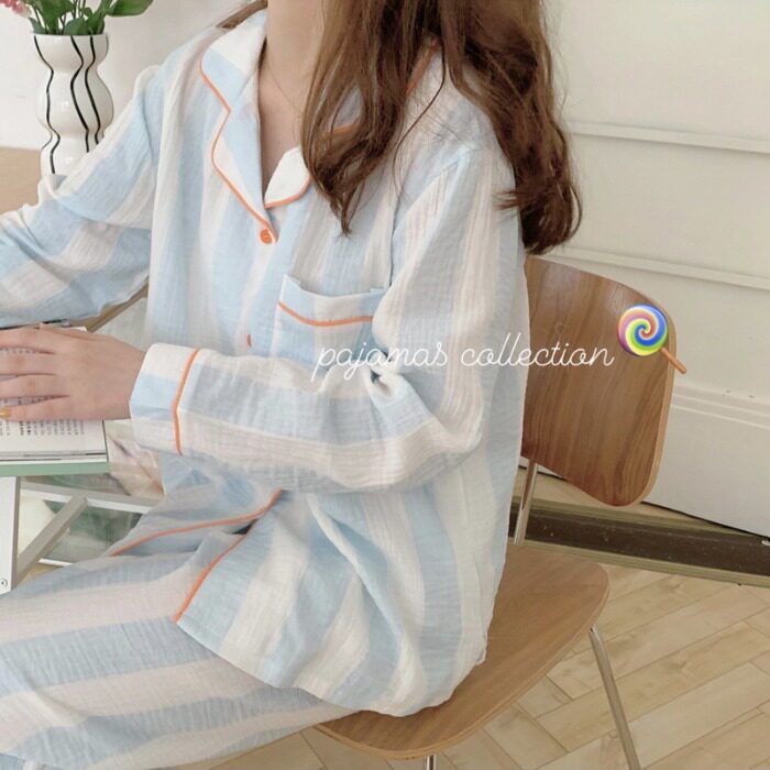 Small fresher fit color ~ popularity style Korean version of minimalist striped pure cotton pyjamas women's spring and autumn family ju serve two style suits