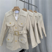 Flower V collar hand-woven waist tassel short coat female winter cotton padded tweed tweed jacket home