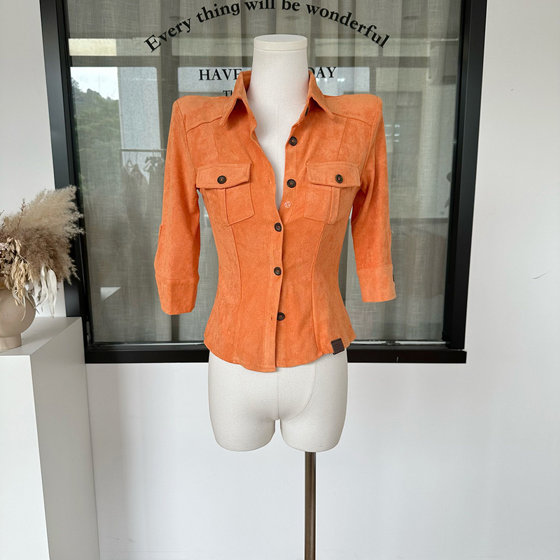 [Same Style as Sun Yi] Suede Shirt with a Japanese Vibe, Short-Sleeve Workwear Padded Shoulder Shirt, Trendy Top