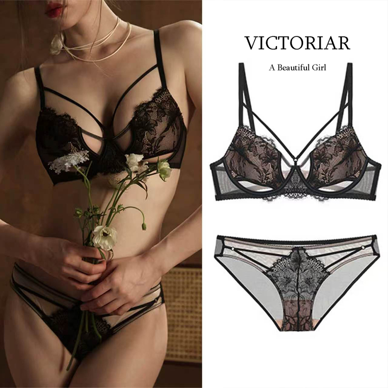 Authentic Victoria Lingerie for Women with Large Busts, Minimizing, Anti-Sagging, Sexy Thin Strap Lace Push-Up Secret Bra Set