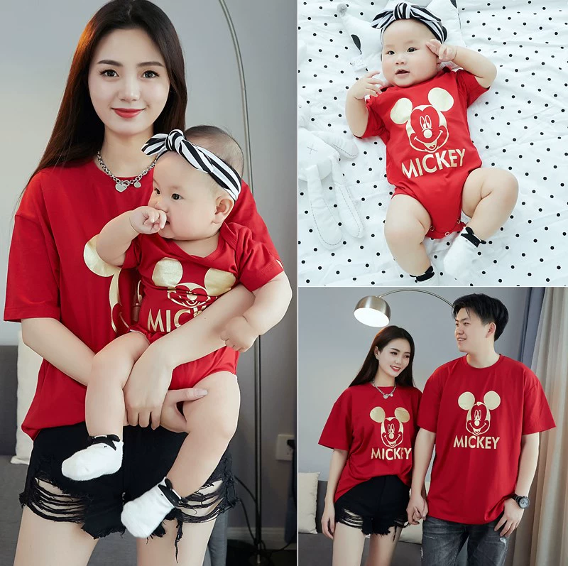 Mickeys cha mẹ-con trang phục gia đình ba bốn mùa hè mẹ và con nữ áo thun cao cấp phong cách tây trang phục sinh nhật bé - Trang phục dành cho cha mẹ và con