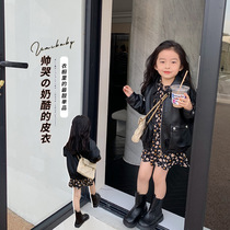 Girl Leather Clothing Locomotive Fried Street Spring Autumn Children Short leather jacket Jacket Woman Baby Black Coat Foreign Air Trendy