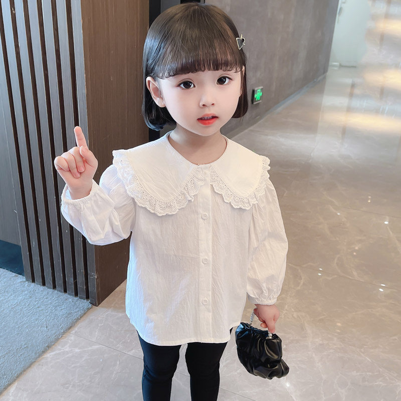 Girls' Shirts Spring and Autumn Children's White Doll Collar Long Sleeve Shirts Little Girls Girls Treasure Shirts Baby Lapel Doll Shirts