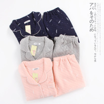 New Japanese cotton pajamas couples autumn and winter long sleeve air layer thickened cotton cotton warm men and women home clothing set