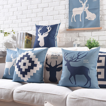 Pine House Nordic literary cotton and linen pillow simple modern elk pillow blue geometric deer sofa cushion