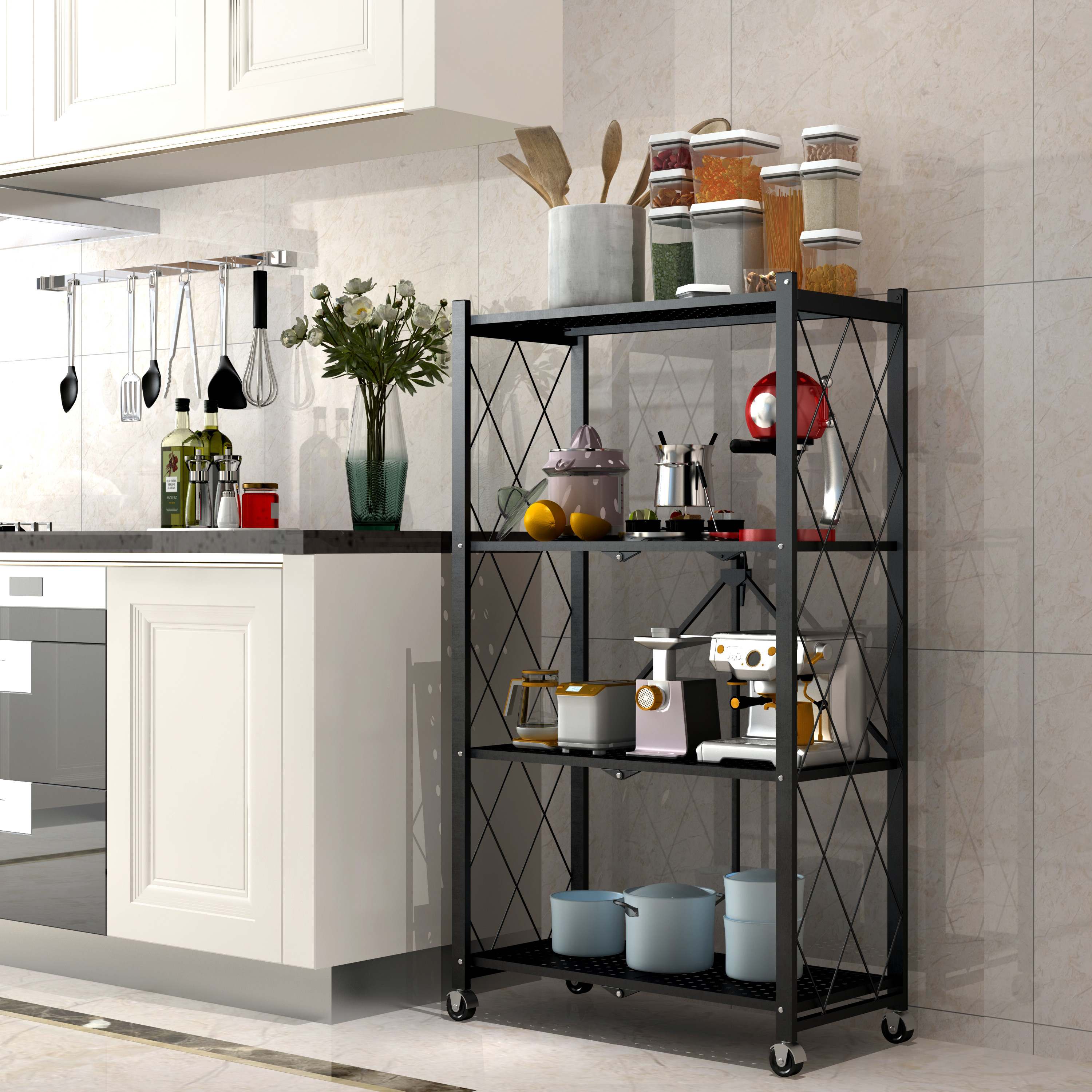 Installation-free folding kitchen supplies rack floor-to-ceiling multi-layer IKEA pot rack microwave oven storage storage rack