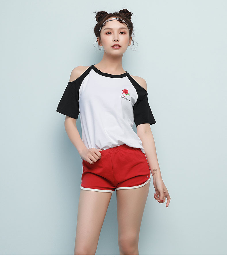 Runaway Loli Thể thao Tay ngắn In áo thun lệch vai Cotton thoáng khí Sinh viên Vòng cổ Yoga Chạy bộ - Áo phông thể thao áo top tank