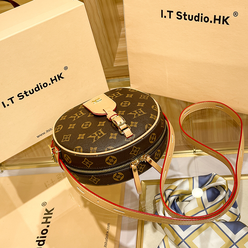 Hong Kong Special Cabinet Old Flower Girl Bag Round Cake Bag Women Genuine Leather Small Round Bag Round Inclined Satchel Bag 2022 Autumn Winter New 