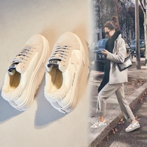 Fluffy shoes for women to wear outside 2020 winter new muffin thick-soled inner increase plus velvet small white shoes cotton shoes dad Doudou