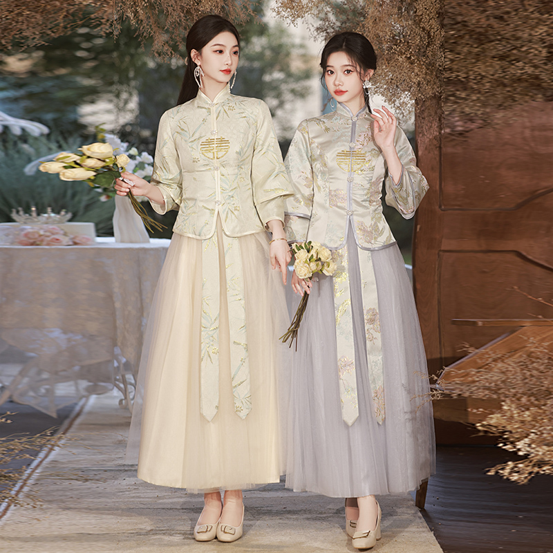 Bridesmaid Dress Chinese Style Plus Size for Plus-Size Women 100kg Champagne Color Wedding Retro Petite Chinese Style Sister Group Dress