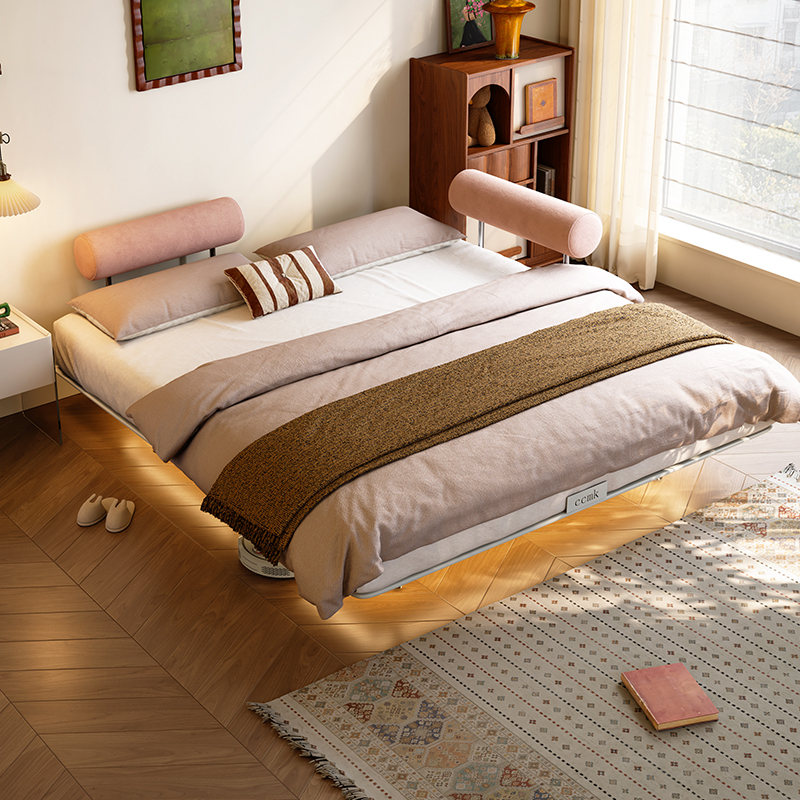 Fanchuang Pink Monie Bed Cream Style Chenille Fabric Master Bedroom Large Bed Carbon Steel Suspension Double Princess Bed