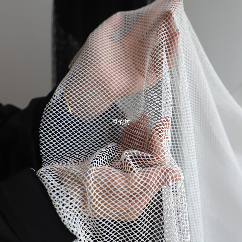 Black and White Small Square Mesh Hollow-Out Spandex Four-Way High-Elastic Fishnet Fabric for Handmade DIY Clothing Design