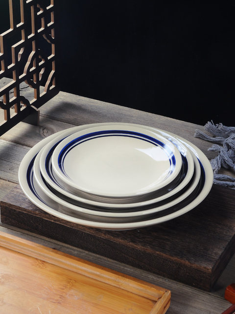 Ceramic Plates for Commercial and Home Use, Round Plates for Catering and Restaurants, Special Dish Plates for Hot Pot, Vintage Double-Line Shallow Plates, Flat Plates