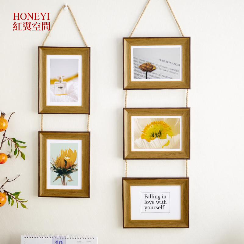 Creative and Simple Nordic Photo Frame Wall Hanging 86 7inch Combination Three-Piece Set with Hemp Rope Wall Hanging Wooden Photo Wall Decoration