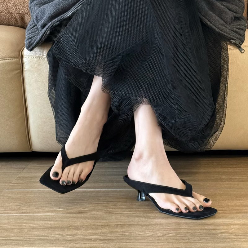 Xishi Flip-Flops Thong Sandals for Women 2026 Summer New European and American Style Sexy Square Toe Black High Heels Kitten Heels