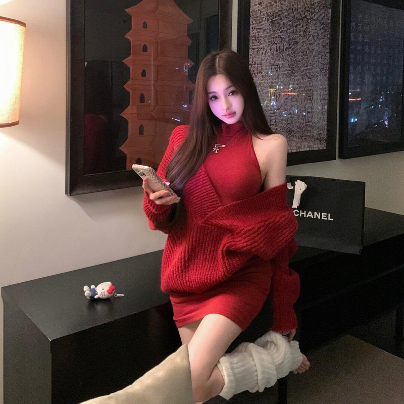 New American-Style Spicy Girl Christmas and New Year Red Brushed Fleece Halter Neck Tank Dress Women's Autumn and Winter Sweater Two-Piece Set