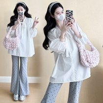 Pregnant womens lazy style suit spring and autumn bow tie loose babydoll top womens polka dot flared pants two-piece set
