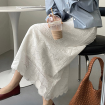 Pregnant womens spring clothing 2024 new womens midriff-supporting midi skirt A-line skirt summer lace white skirt