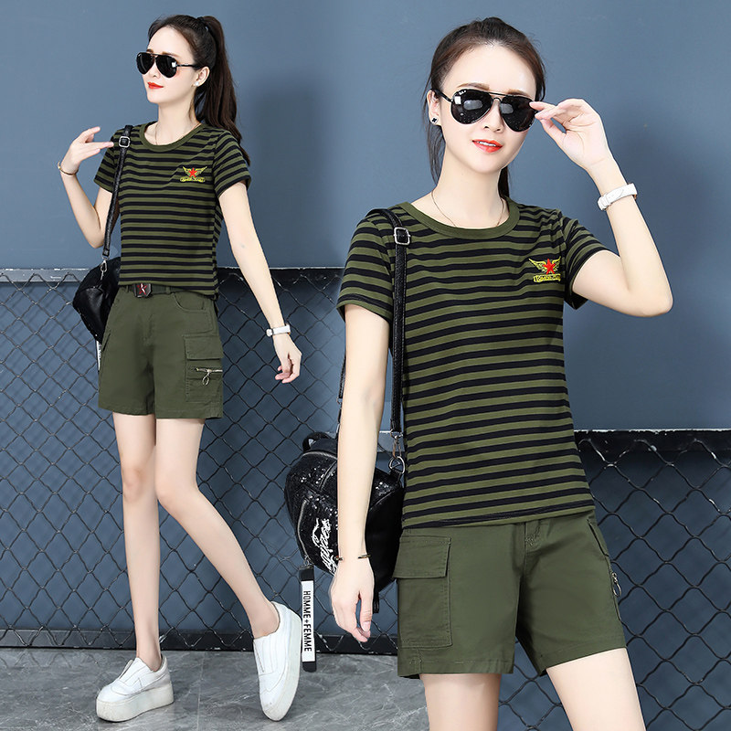 迷彩短袖女夏季新款圆领时尚薄款水兵舞t恤上衣显瘦休闲短裤套装