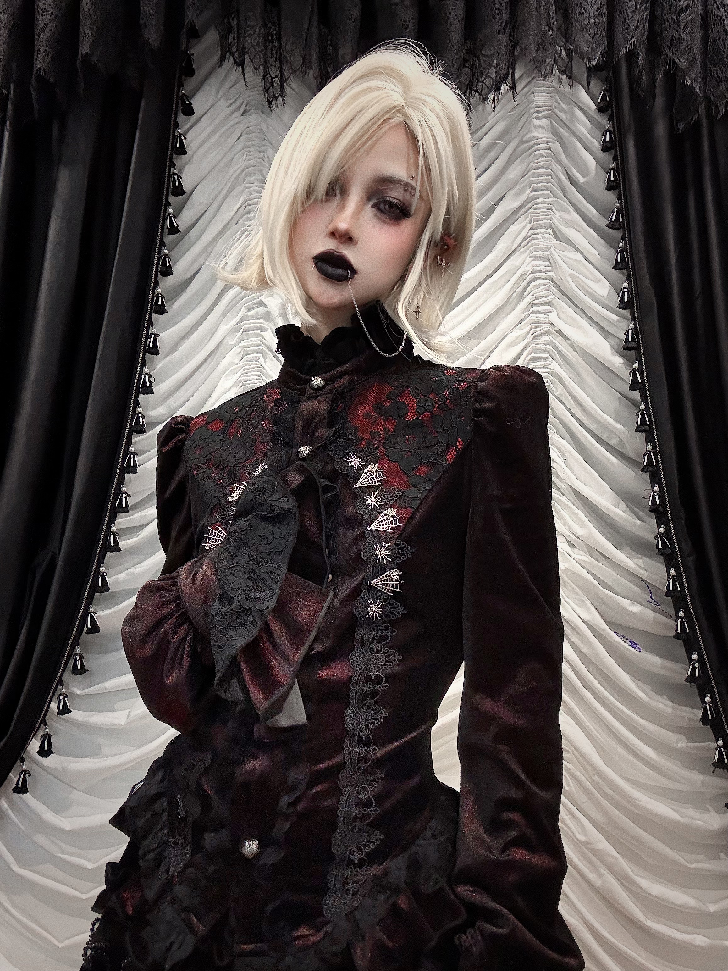 Hell Made | DevilFashion Dark Gothic Wine Red Velvet Turtleneck Shirt SHT16402