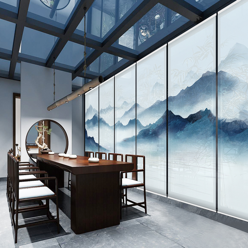 New Chinese style soft partition office screen living room electric rolling shutter tea room blackout curtain ink landscape painting hanging curtain