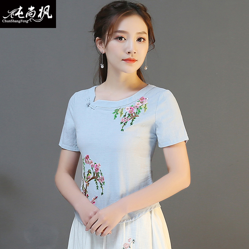 gió Trung Quốc thêu đầu 2018 mùa xuân và mùa hè mới lớn mã của phụ nữ quần áo retro gió quốc gia lanh bông mỏng ngắn tay t-shirt