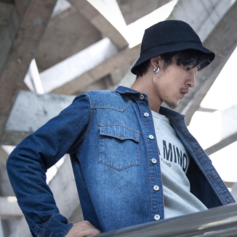 名补原创牛仔衬衫秋外套男日系复古修身长袖大码衬衣潮男士牛仔衣