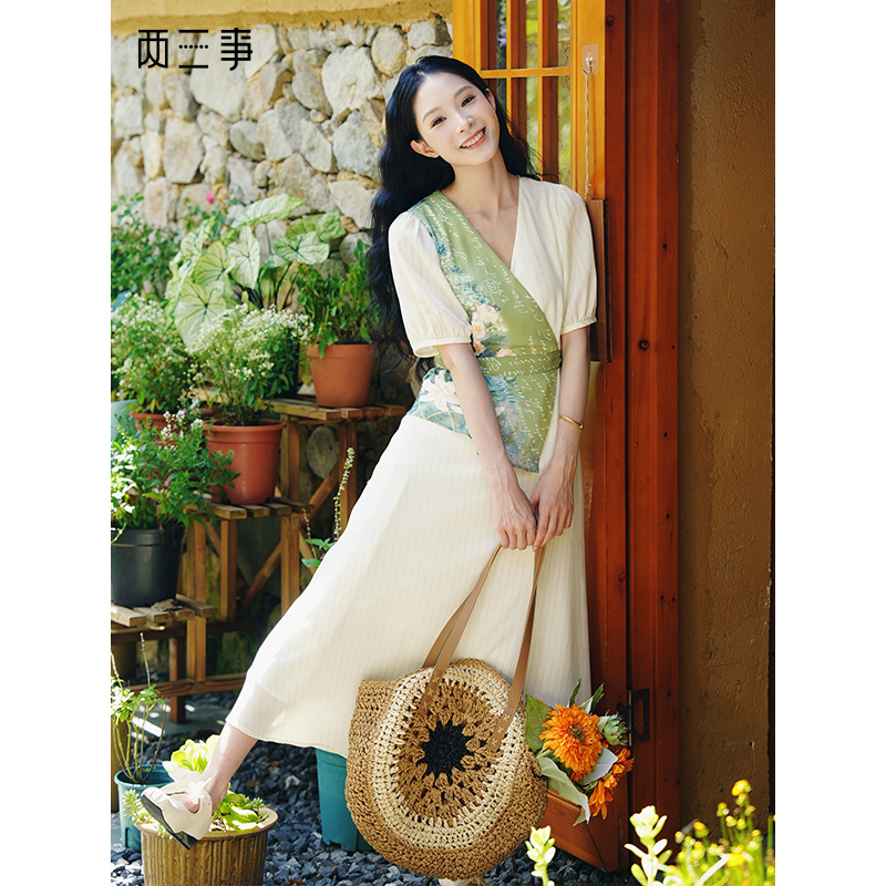 【Sweet Exclusive】Two or Three Things Mint Forest Vintage Patchwork Tie V-Neck Long Dress