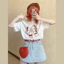 Original lace doll collar bow Japanese girl navy collar white short sleeve T-shirt H