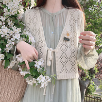 Pure Handmade Flowers Retro Teenage Girl Hollowed-out Lace Beige Loose Knit Vest kshirt K