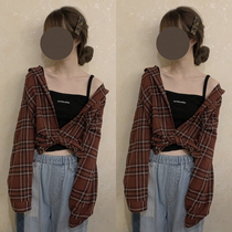 Retro distressed brushed rice wine red pink blue casual all-match loose plaid shirt W H